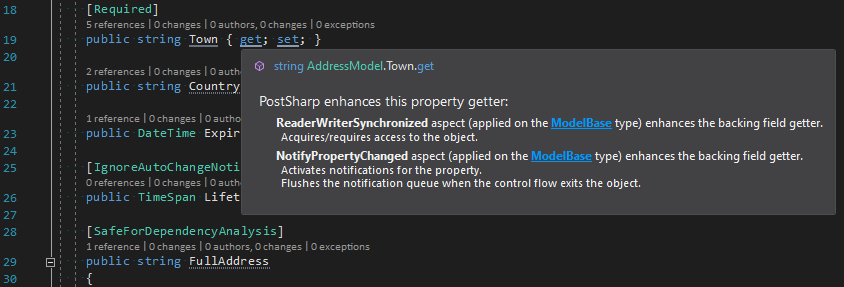 Aspects applied on code element are shown on mouse hover.