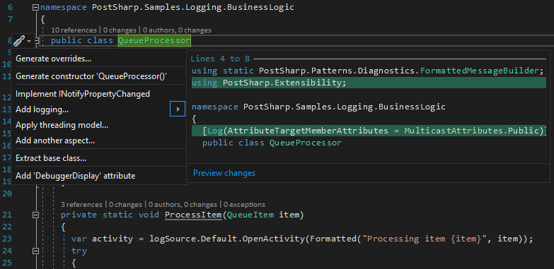 PostSharp code actions.