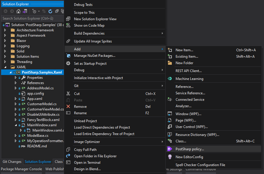 Solution Explorer context menu items.