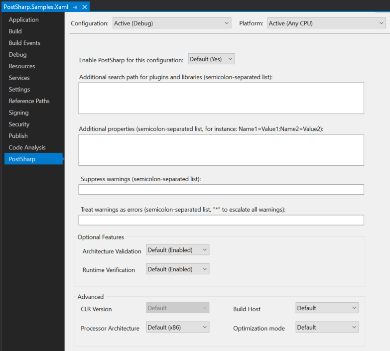 PostSharp-scpecific project properties tab.