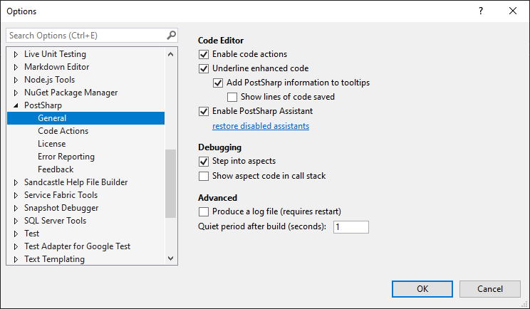 PostSharp options window.